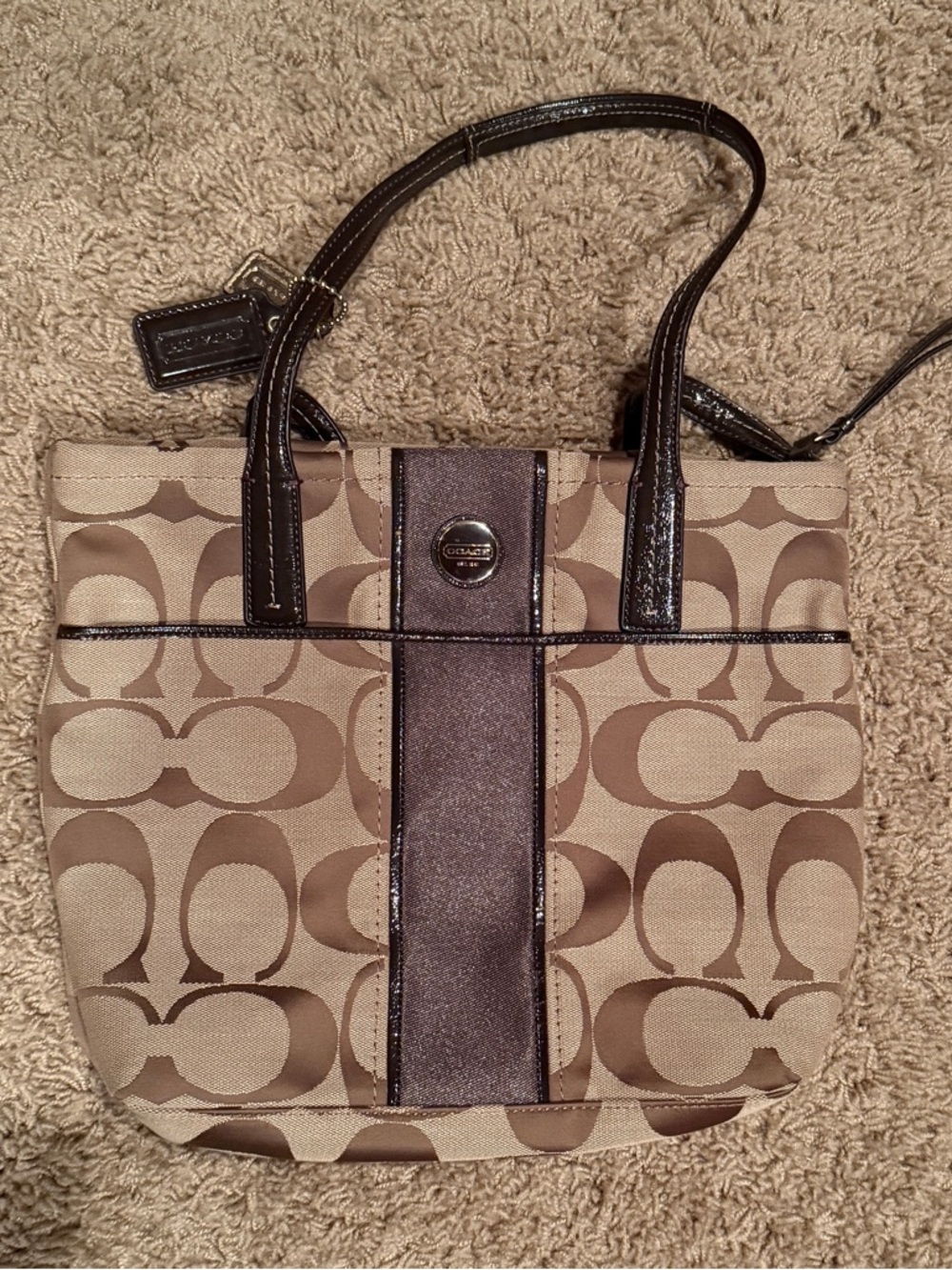 Coach Two-Tone Signature Canvas Tote in Tan and Dark Brown